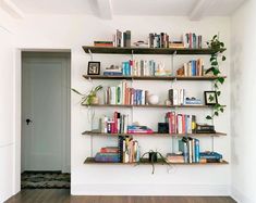 the bookshelves are filled with many different types of books and plants on them