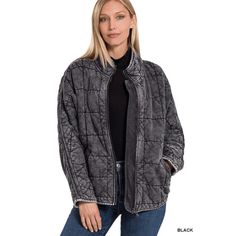 Washed dolman quilted jacket with pockets- best quality- dolman sleeves- front zip closure- elastic back hemTotal body length: 25", bust: 50" approx. - measured from small- 100% cotton (self)- 100% cotton (contrast)- 100% cotton (lining)* color may vary slightly due to monitor resolutionFabric100% cotton Aztec Jacket, Black Quilted Jacket, Jacket With Pockets, Puffed Sleeves Dress, Total Body, Mini Dress With Sleeves, Quilted Jacket, Dolman Sleeve, Long Coat