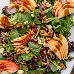 an apple and walnut salad on a white plate