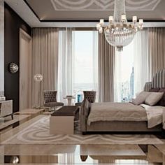 an elegant bedroom with chandelier, bed and large glass window overlooking the city