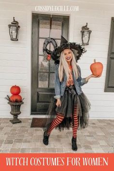 a woman dressed up as a witch with pumpkins in her hand and the caption reads, which costumes for women should you wear?