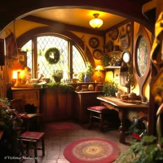 the inside of a hobbot house with plants and potted plants