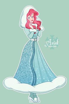 ariel from the little mermaid is wearing a blue dress and holding a snowman's hat