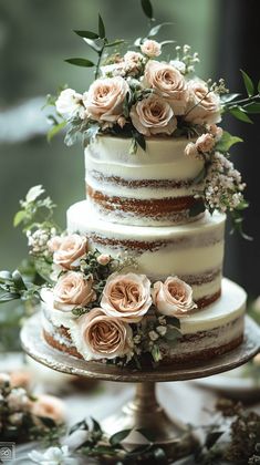 a three tiered wedding cake with flowers on top and greenery around the edges