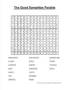 the good samarian parable word search is shown in black and white text