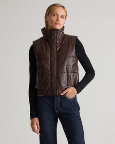 100% Leather Puffer Vest Leather Puffer Outerwear For Work, Leather Puffer Vest, Leather Puffer, Understated Style, Womens Puffer Vest, Brown Vest, Quarter Zip Sweater, Sheep Leather, Outerwear Vest