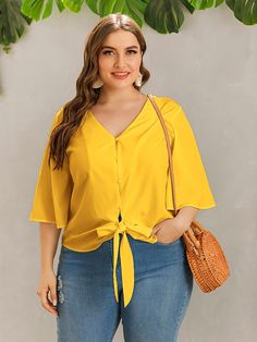 Yellow Casual  Half Sleeve Polyester Plain Shirt Embellished Slight Stretch Spring Plus Size Tops Plus Size Fall Fashion, Plus Size Fall Outfit, Lace Trim Shorts, Stylish Plus, Plus Size Fashion For Women, Plus Size Kleidung, Curvy Outfits, Womens Clothing Sizes, Plus Size Blouses