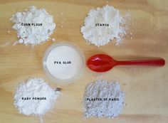 the ingredients to make homemade face scrubs are shown on a wooden surface with a red spoon