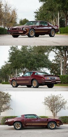 three different shots of a maroon car parked in front of a tree and shrubbery