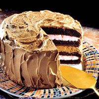 a chocolate cake on a plate with a slice cut out