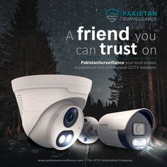 an advertisement featuring two cameras in front of trees and the words, a friend you can trust on