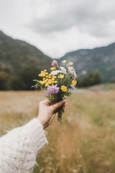 a person holding flowers in their hand on a field with mountains in the background and cloudy sky