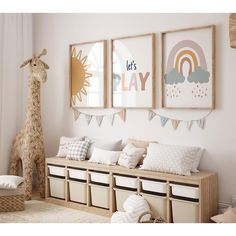 a child's room with toys and artwork on the wall, including a giraffe