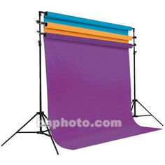 an image of a purple backdrop on a tripod with two blue and yellow poles