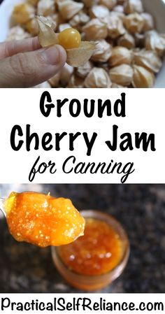 a hand holding a spoon with some food on it and the words ground cherry jam for canning