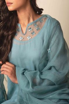 Organza Neckline Kurta, Kota Doria Suits Neck Design, Kurta Designs Women Pattern, Different Kurti Designs, Mirror Work Neckline, Kota Doria Suits, Stylish Kurtis Design, Blue Kurta, Lace Dress Design