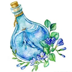 a blue bottle filled with water sitting next to purple flowers