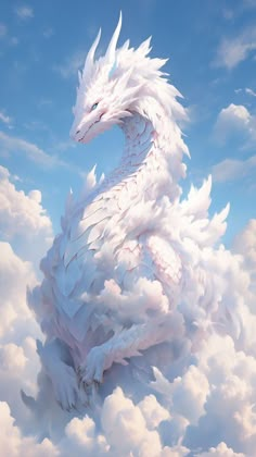 a large white dragon sitting on top of clouds