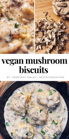 a collage of different types of mushrooms and gravy in a skillet