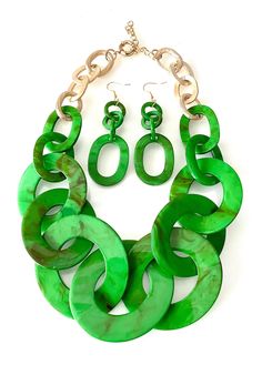 Chunky green, acrylic statement necklace and earrings set from Olivia Divine. Green acrylic,  chunky chain style necklace with gold tone metal chain detailing. Lightweight. Adjustable length. Matching, pierced drop style earrings. Perfect as a gift or treat for yourself. Necklace And Earrings Set, Fashion Quotes, Style Necklace, Style Earrings, Necklace And Earrings, Gold Tone Metal, Metal Chain, Chain Styles, Earrings Set