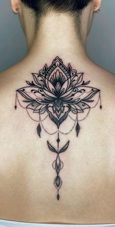 Ornamental Lotus Tattoo Lotus Chest Tattoo For Women, Ornamental Lotus Tattoo, Lotus Back Tattoo, Baddie Tats, Lotus Tattoos, Good Tattoo, Tattoo Lotus, Small Tattoo Placement, Gem Tattoo