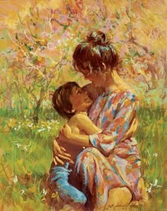 a painting of a woman holding a child in a field with wildflowers behind her