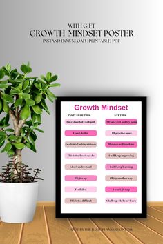 the growth mindset poster is next to a potted plant on a wooden table