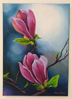 a painting of two pink flowers on a branch