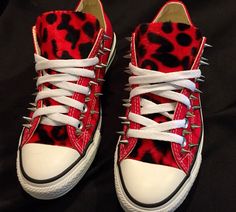 These low top red converse feature hand sewn red leopard faux fur and feature screwback spikes! **IMPORTANT** Please note that these are the UNISEX Converse Chuck Taylors if you've never worn them please go try a pair on at a local store prior to ordering I cannot give size advice. There are no returns since these are custom made for you! Punk Low-top Sneakers With Spikes, Casual Custom Spiked Lace-up Sneakers, Casual Custom Lace-up Sneakers With Spikes, Low Top Red Converse, Emo Converse, Scene Shoes, 2000s Look, Diy Kandi Bracelets, Spike Shoes