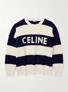 CELINE HOMME Logo-Intarsia Striped Cotton Sweater for Men White Cotton Sweater With Contrast Stripes, Celine Clothes, Celine Sweater, Girly Facts, Merch Aesthetic, Gucci Sweater, Designer Sweater, Fancy Nancy, Sweater For Men