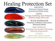 The healing protection crystal set includes 5 of the most powerful healing protection crystals. This set includes: * 5 crystals - amethyst, jasper, black tourmaline, red tiger eye and citrine. * Guidance card with information about the crystals like the one in the title photo of the listing. * Sturdy velvet bag for your stones. * Everything is packed in an elegant box with a ribbon ready to be given as a gift. * Stones size 0,75''- 1'' or 2 - 2,5 cm. * How to use your crystals * You can keep you Best Healing Crystals, Gemstones Chart, Crystal Healing Chart, Crystals Amethyst, Zodiac Signs Dates, Red Tiger, Crystals Healing Properties, Spiritual Crystals, Protection Crystals