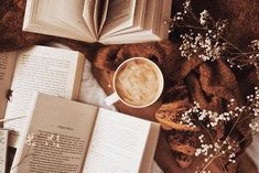 an open book and cup of coffee sit on a blanket next to two books with flowers