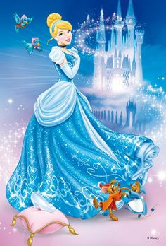 the princess in her blue dress is standing next to a castle