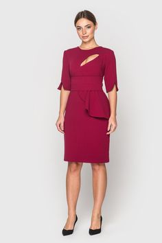 A splendid dark red dress featuring asymmetrical design, midi length and a peplum skirt. - neck cutout - asymmetrical design - peplum skirt - 3/4 sleeves with slits - midi length - concealed back zipper closure - fully lined Color: dark red Outer fabric: 40% viscose, 55% polyester, 5% elastane. Lining: 95% viscose, 5% elastane. Please choose from our measurements chart your dress size, or write us your body measurements, we then select the right size for you. Elegant Knee-length Cutout Bodycon Dress, Formal Holiday Knee-length Midi Dress, Holiday Knee-length Formal Midi Dress, Holiday Knee-length Midi Dress For Formal Events, Holiday Knee-length Midi Dress For Formal Occasions, Asymmetrical Midi Dress With Cutout For Party, Asymmetrical Cutout Midi Dress For Party, Knee-length Cutout Bodycon Dress For Evening, Fitted Burgundy Midi Dress For Evening