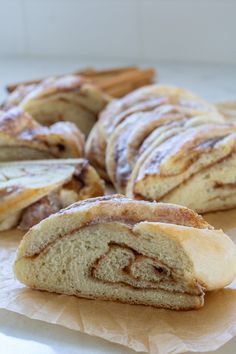 cinnamon swirl bread sliced on top of wax paper