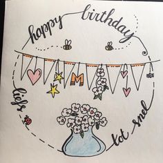 a drawing of a vase with flowers and bunting on the clothesline that says happy birthday