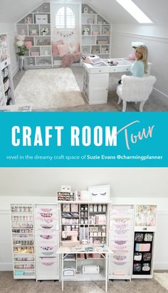 the craft room tour poster is displayed in front of a white desk and shelves filled with craft supplies