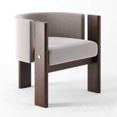 a chair made out of wood and upholstered with fabric on the armrests