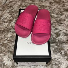 Pink Gucci Rubber Slides Used But Still In Good Condition! Comes With Box And Dust Bag! Gucci Slides, Gucci Pink, Shoes Gucci, Gucci Shoes, Women's Shoes Sandals, Slides, Shoes Sandals, Dust Bag, Gucci