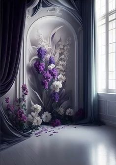 an artistic photo with purple and white flowers in front of a large window, next to a curtain