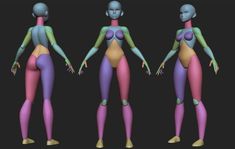 three different views of the female body in various colors and sizes, including one with an open