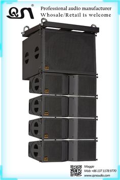 several speakers stacked on top of each other with the words professional audio manufacturer in front of them