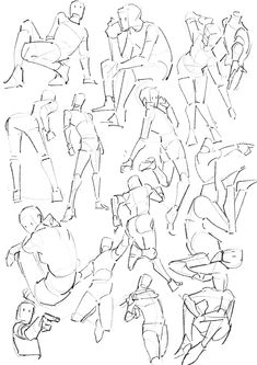 some sketches of people sitting and standing in different positions, with one man holding his leg up