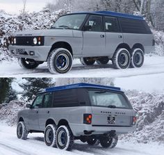 two pictures of the same vehicle in different stages of being driven on snow covered roads