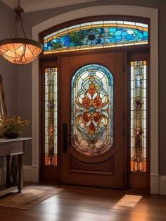 an entry door with stained glass panels and a chandelier