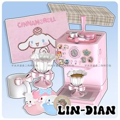 an image of a pink kitchen set with bunnies and other items on display in front of it