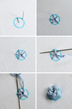 four pictures showing how to crochet the flower