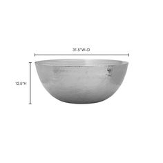 a large metal bowl is shown with measurements for the size and width in front of it