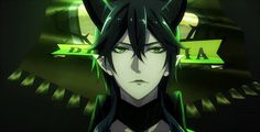 an anime character with black hair and green eyes, standing in front of a dark background