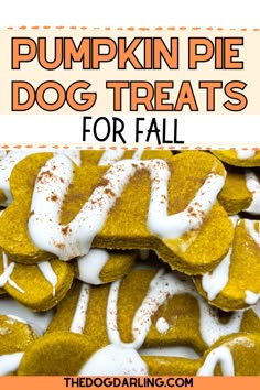 pumpkin pie dog treats with white frosting on top and the title overlay reads pumpkin pie dog treats for fall